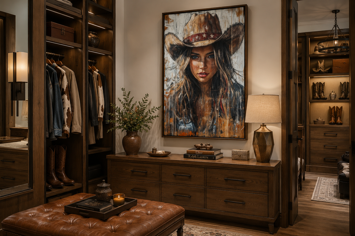 Western cowgirl rustic framed canvas wall art featuring a woman in a cowboy hat in a wood closet.