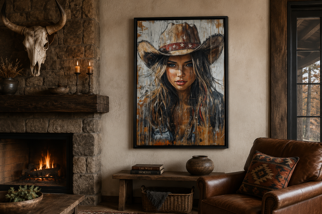 Western cowgirl rustic framed canvas wall art hanging above a wooden bench in a cozy living room.