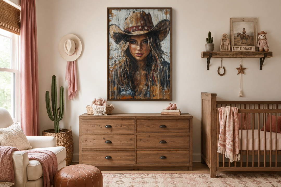 Western cowgirl rustic framed canvas wall art featuring a portrait of a woman in a cowboy hat.