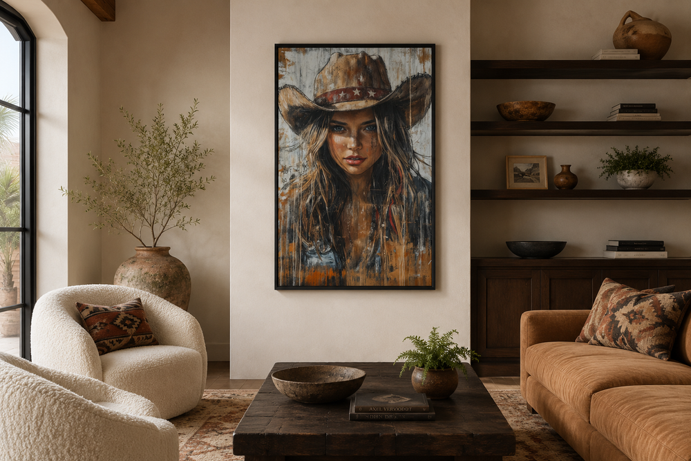 Western Cowgirl Rustic Framed Canvas Wall Art in a warm, earthy living room setting.