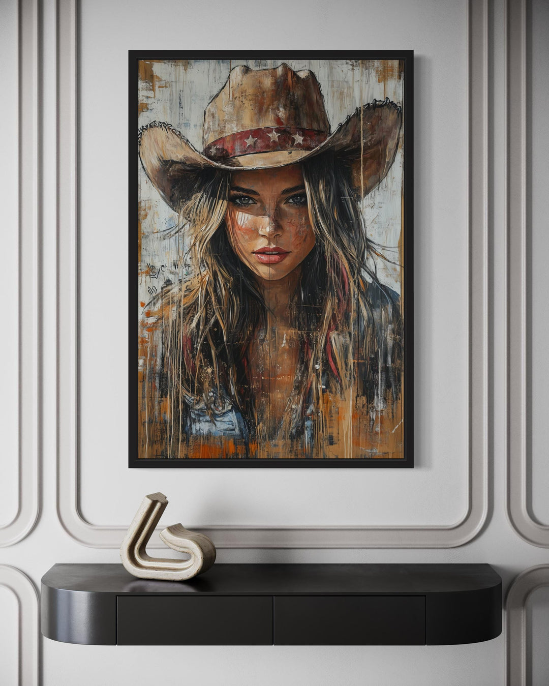 Western Cowgirl Rustic Framed Canvas Wall Art featuring a woman in a cowboy hat with earthy tones.