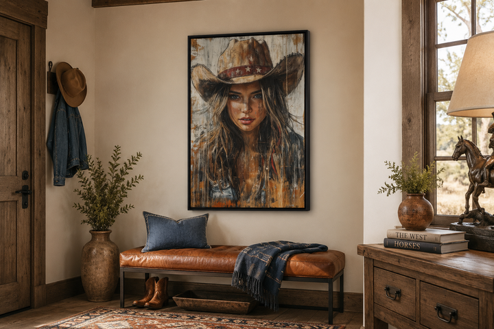 Western Cowgirl Rustic Framed Canvas Wall Art featuring a woman in a cowboy hat in a rustic room.