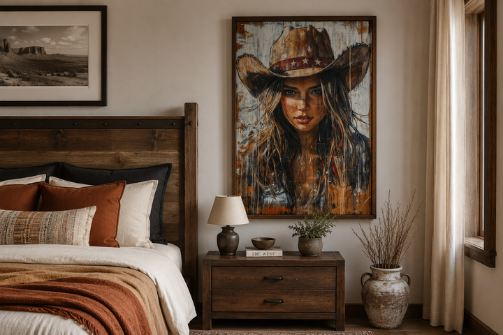 Western cowgirl rustic framed canvas wall art featuring a woman in a cowboy hat above a nightstand.
