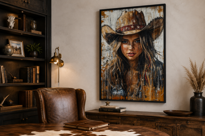 Western Cowgirl Rustic Framed Canvas Wall Art in a study with leather chair and wooden furniture.