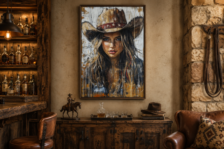 Rustic framed canvas wall art featuring a portrait of a cowgirl in a hat in a western-style room.