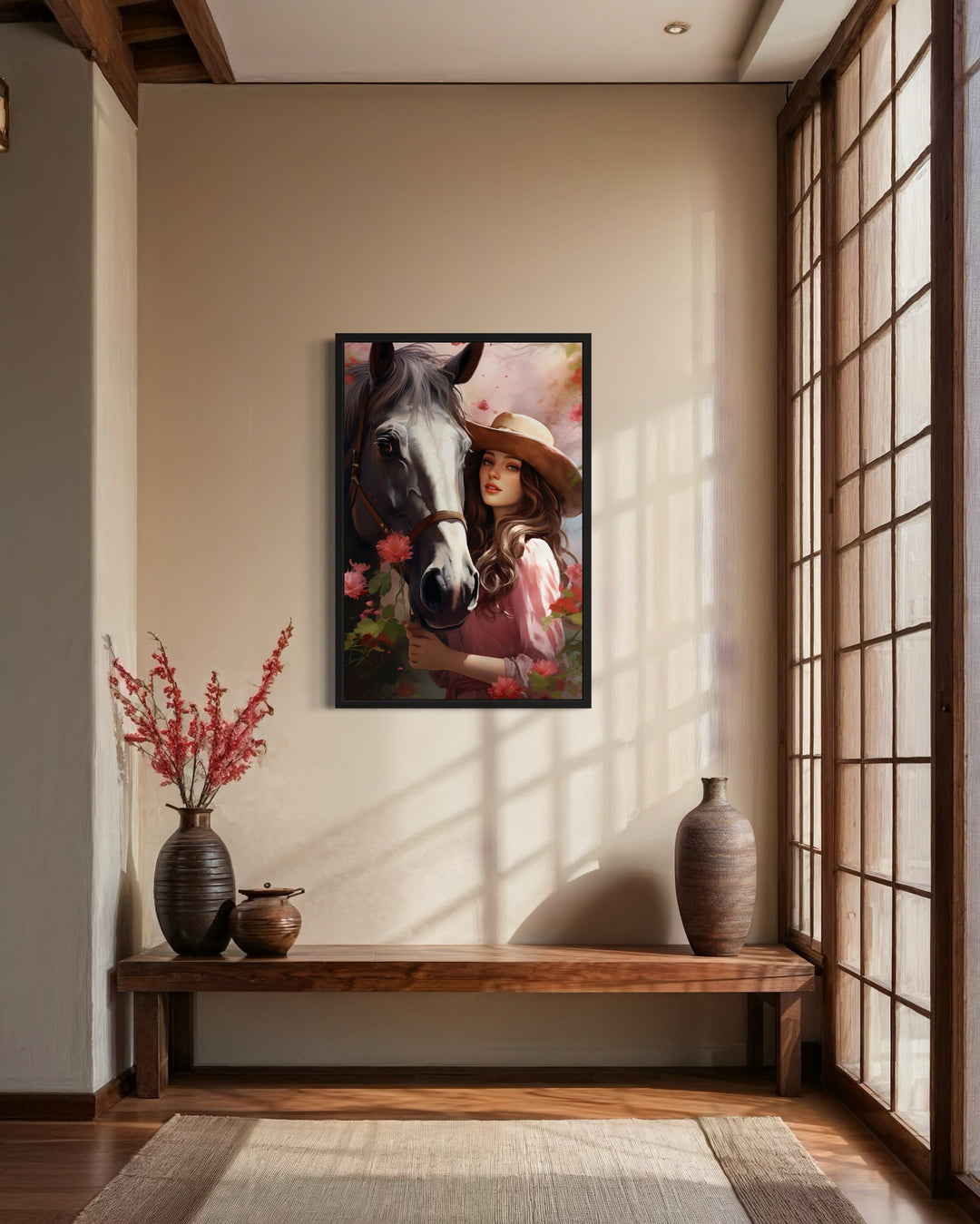 Western Cowgirl and Horse Floral Portrait Canvas Wall Art