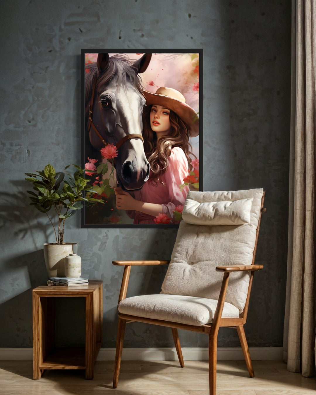 Western Cowgirl and Horse Floral Portrait Canvas Wall Art