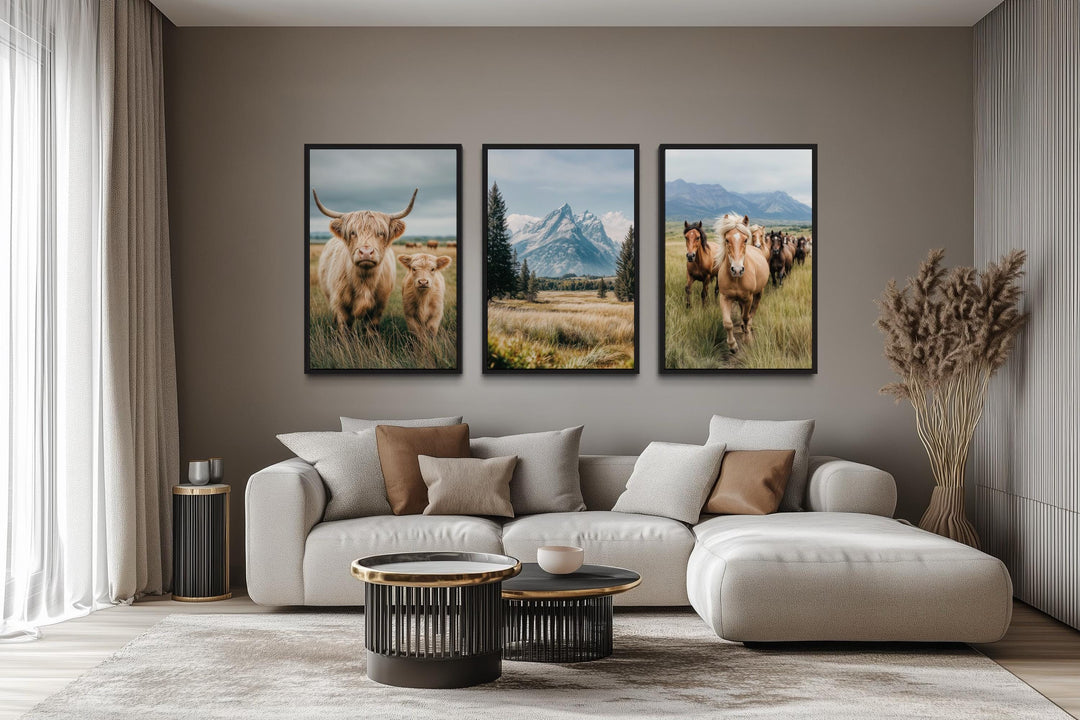 Triptych wall art set featuring a Highland cow, Grand Teton mountains, and galloping horses.