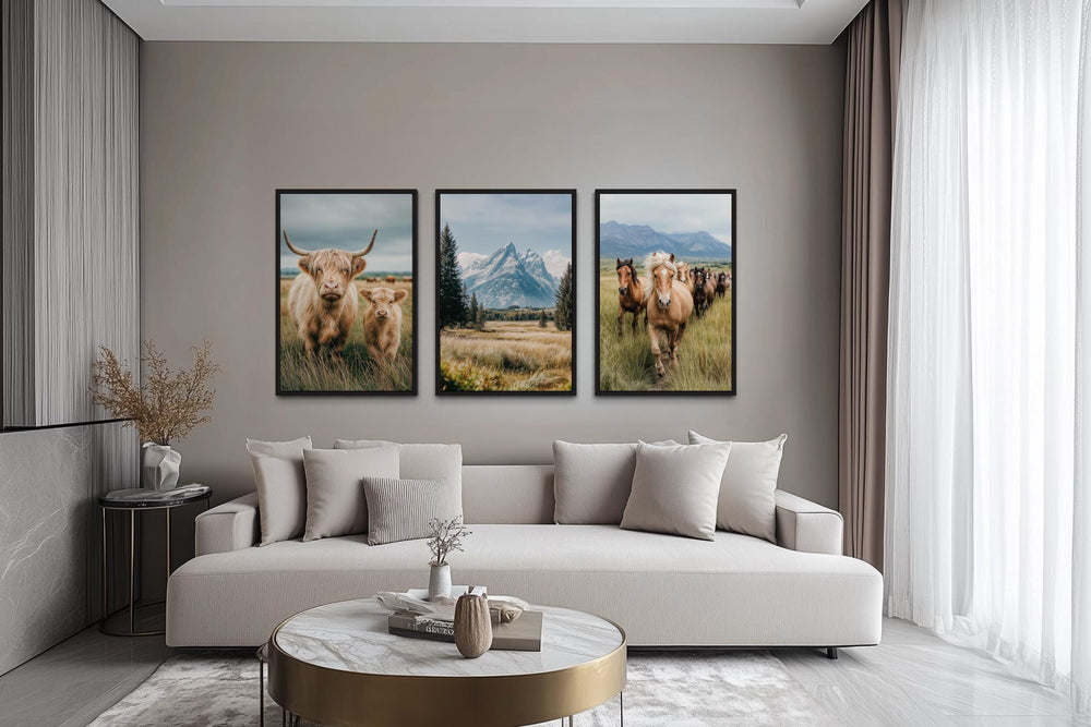 Western Highland Cow And Calf, Grand Teton Mountain, and Galloping Horse Wall Art Set of 3
