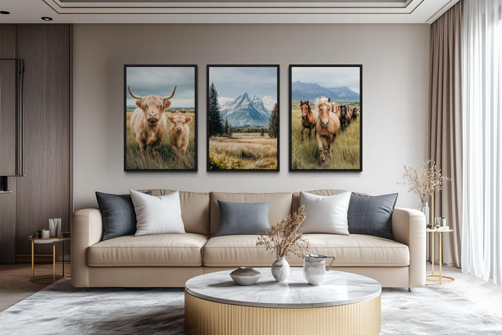Western Highland Cow And Calf, Grand Teton Mountain, and Galloping Horse Wall Art Set of 3