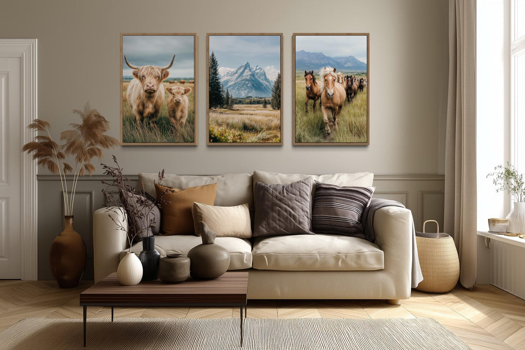 Set of 3 wall art prints featuring a Highland cow, Grand Teton mountains, and galloping horses.