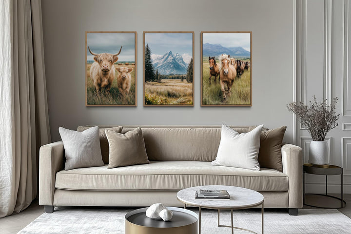 Western Highland Cow And Calf, Grand Teton Mountain, and Galloping Horse Wall Art Set of 3