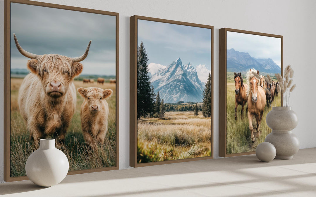 Western Highland Cow And Calf, Grand Teton Mountain, and Galloping Horse Wall Art Set of 3