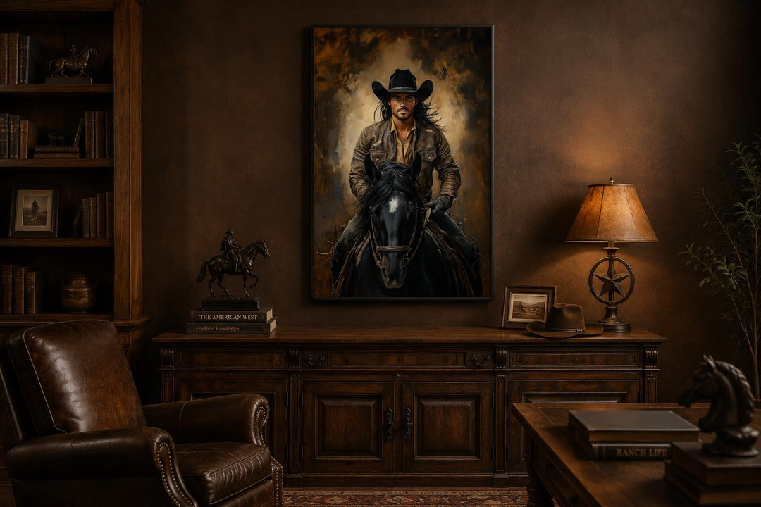 Moody cowboy portrait on a black horse canvas print in a rustic ranch-style study.