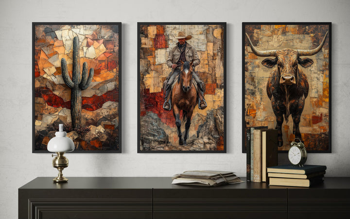Triptych of Western wall art featuring a cactus, a cowboy on a horse, and a longhorn bull.
