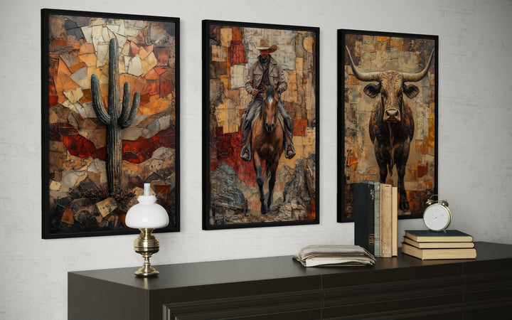 Three vertical canvas prints of a cactus, a cowboy on a horse, and a longhorn bull in warm tones.