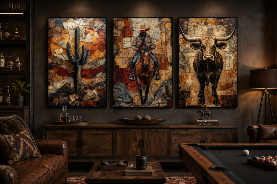 Triptych of Western wall art featuring a cactus, a cowboy on a horse, and a longhorn bull.