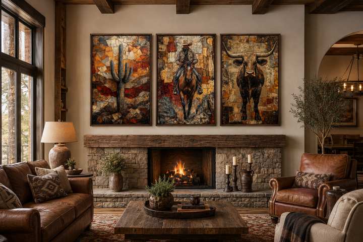 Triptych of Western wall art featuring a cactus, cowboy on a horse, and a longhorn bull.