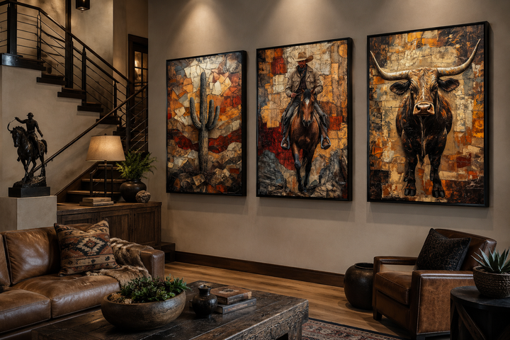 Triptych of Western canvas prints featuring a desert cactus, a cowboy on a horse, and a longhorn.