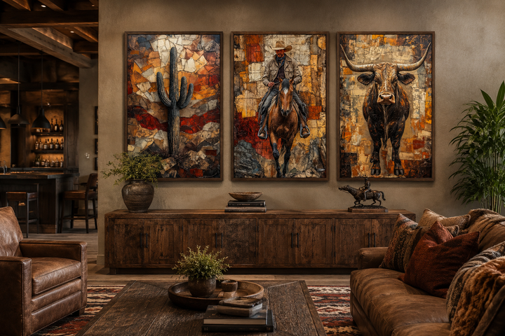 Triptych of Western wall art featuring a cactus, a cowboy on a horse, and a longhorn bull.
