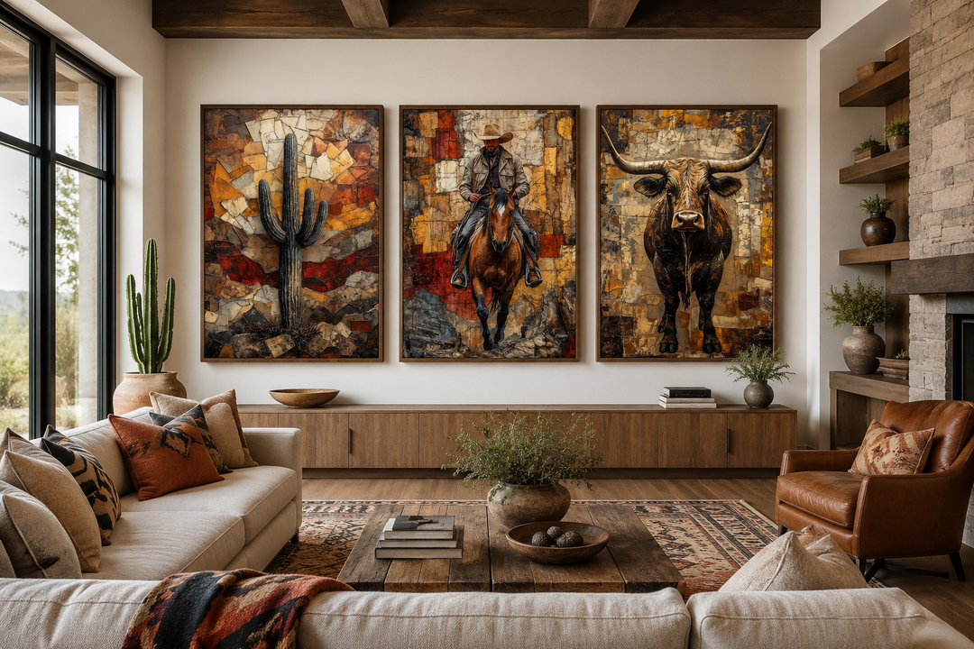 Western wall art set with cowboy on horse, desert cactus, and longhorn bull canvas prints.