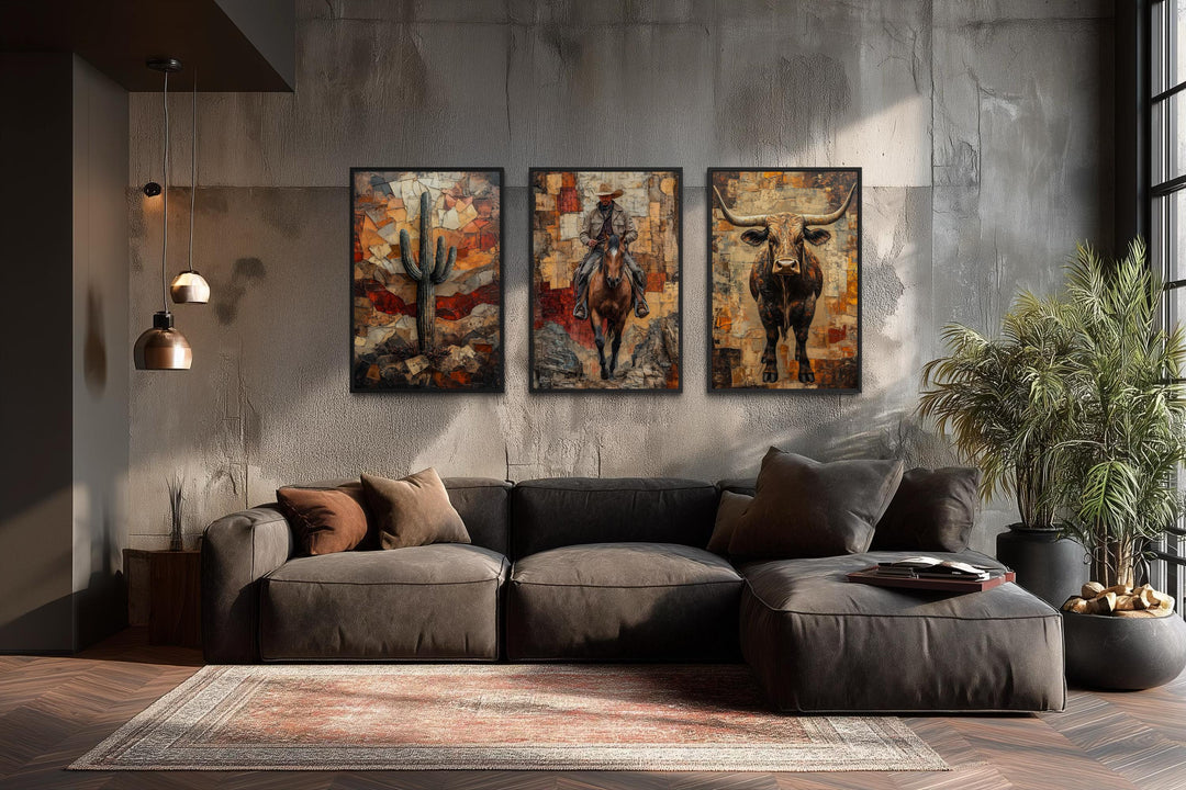 A set of three vertical canvas prints featuring a cowboy, a longhorn bull, and a desert cactus.