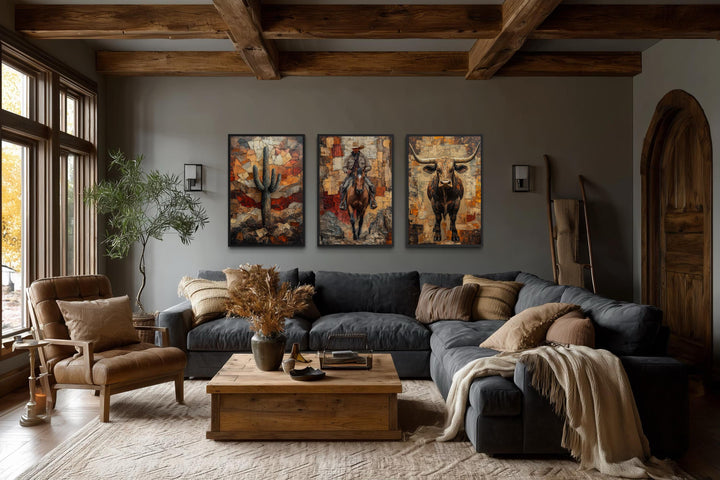 Western wall art set featuring a desert cactus, cowboy on horseback, and longhorn bull on a gray wall