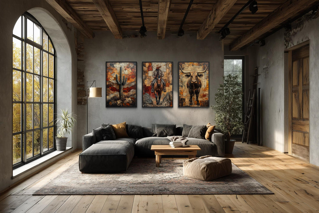 Western wall art set featuring a cactus, cowboy on horseback, and longhorn bull on a gray wall.