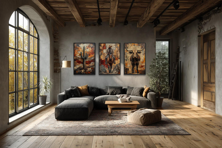 Western wall art set featuring a cactus, cowboy on horseback, and longhorn bull on a gray wall.