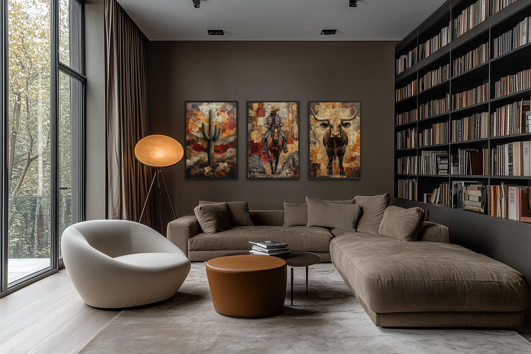 Three vertical canvas prints of a cactus, cowboy on a horse, and a longhorn bull in a modern room.
