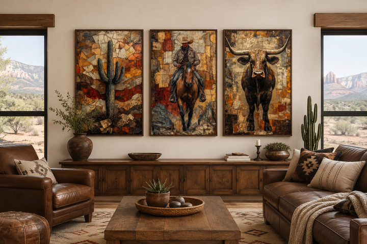 Triptych wall art set featuring a desert cactus, a cowboy on a horse, and a longhorn bull.