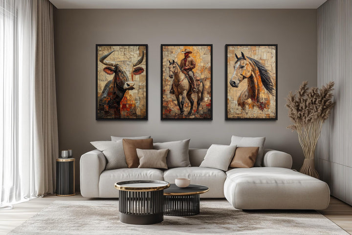 Western Wall Art Set Of 3 – Cowboy, Longhorn Bull, and Horse Canvas Prints