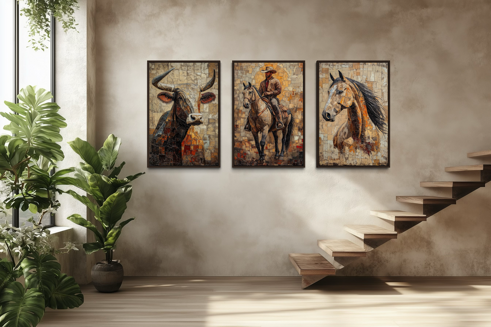 Three vertical canvas prints of a cowboy, longhorn bull, and horse in a rustic western style.
