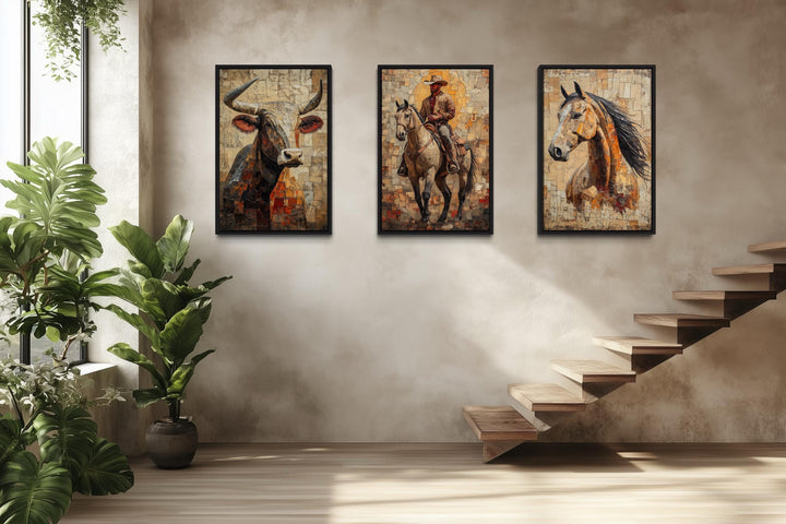 Western Wall Art Set Of 3 – Cowboy, Longhorn Bull, and Horse Canvas Prints