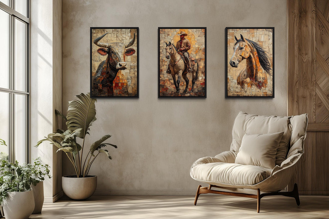 Western Wall Art Set Of 3 – Cowboy, Longhorn Bull, and Horse Canvas Prints