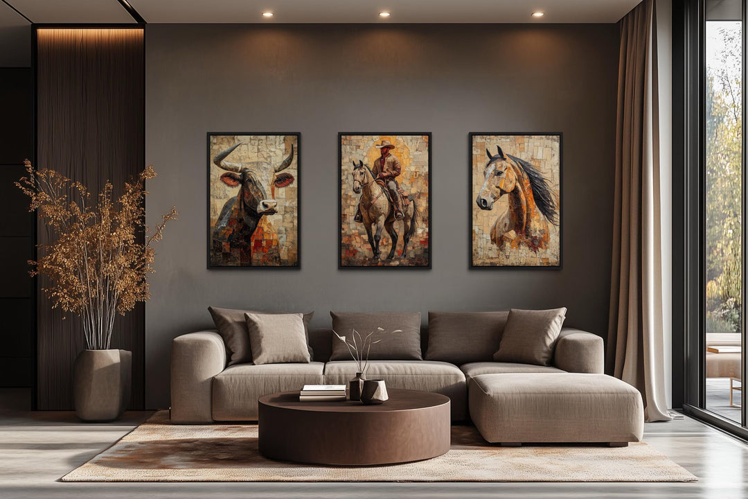 Western Wall Art Set Of 3 – Cowboy, Longhorn Bull, and Horse Canvas Prints