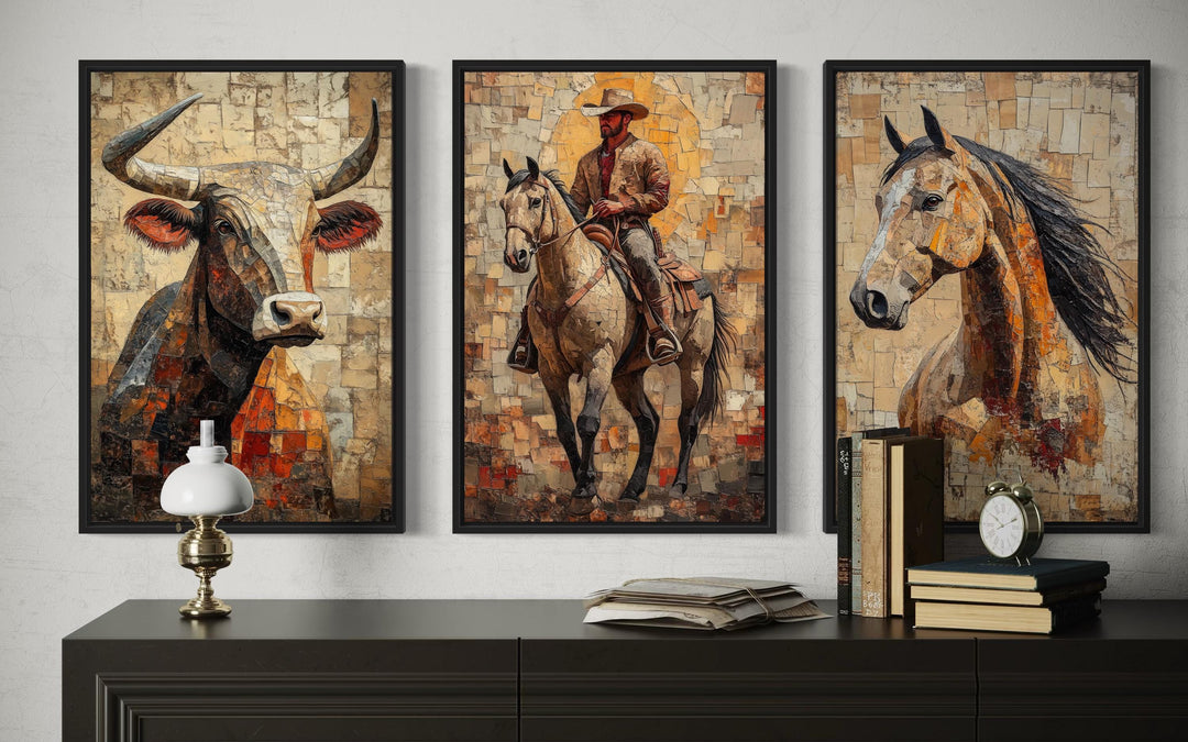 Western Wall Art Set Of 3 – Cowboy, Longhorn Bull, and Horse Canvas Prints