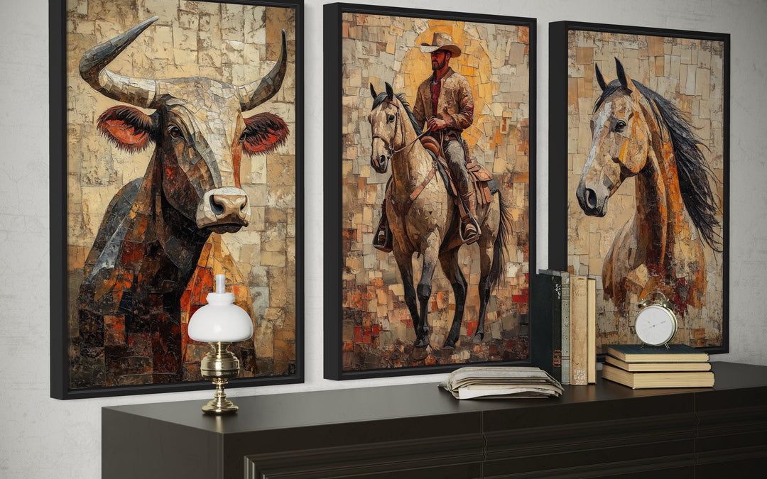 Western Wall Art Set Of 3 – Cowboy, Longhorn Bull, and Horse Canvas Prints