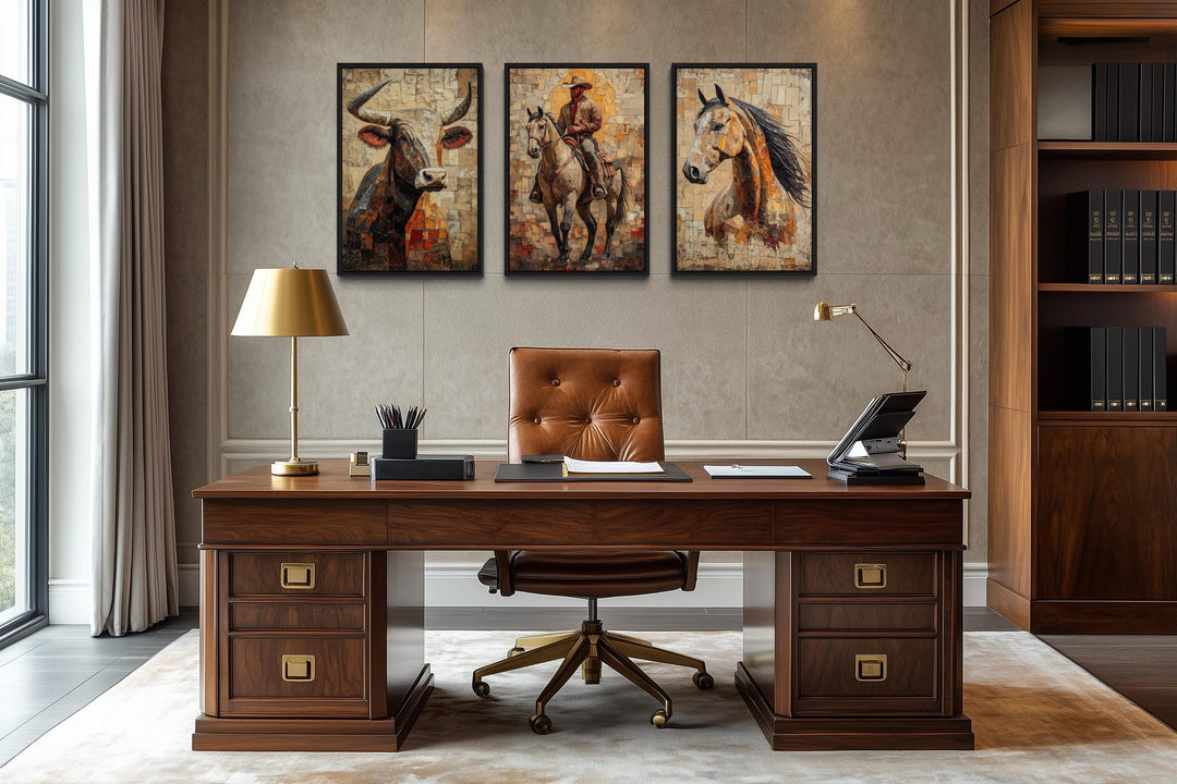 Western Wall Art Set Of 3 – Cowboy, Longhorn Bull, and Horse Canvas Prints