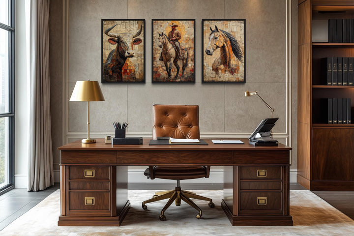 Western Wall Art Set Of 3 – Cowboy, Longhorn Bull, and Horse Canvas Prints