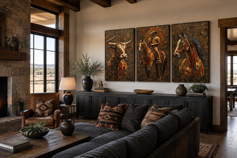 Western wall art set of 3 featuring a longhorn bull, cowboy on horse, and horse head canvas prints.