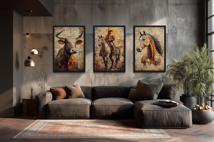 Western Wall Art Set Of 3 – Cowboy, Longhorn Bull, and Horse Canvas Prints