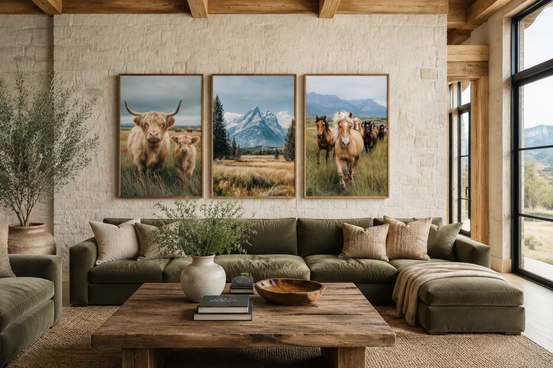 Set of 3 framed prints featuring a Highland cow, Grand Teton mountains, and galloping horses.