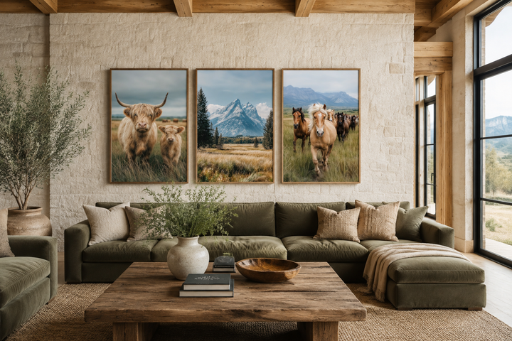 Set of 3 framed prints featuring a Highland cow, Grand Teton mountains, and galloping horses.