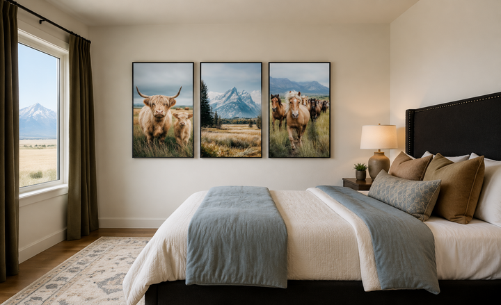 A set of three framed Western-themed prints featuring a Highland cow, mountains, and horses.