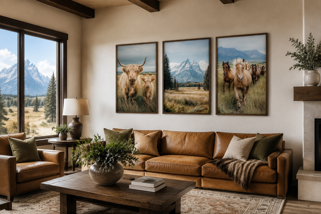 Set of 3 framed prints: Highland cow and calf, Grand Teton mountains, and galloping horses.