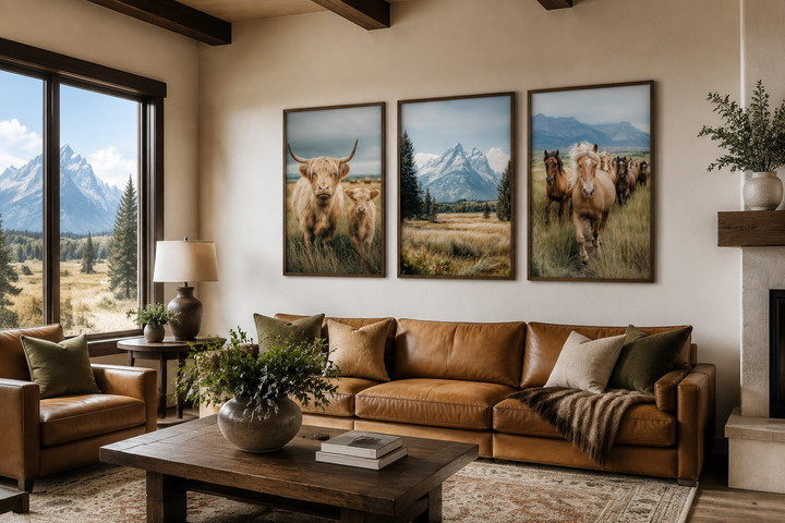 Set of 3 framed prints: Highland cow and calf, Grand Teton mountains, and galloping horses.