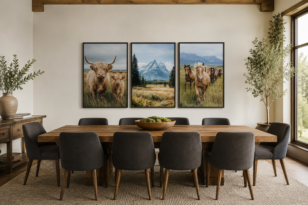 Set of 3 framed prints featuring a Highland cow, Grand Teton mountains, and galloping horses.