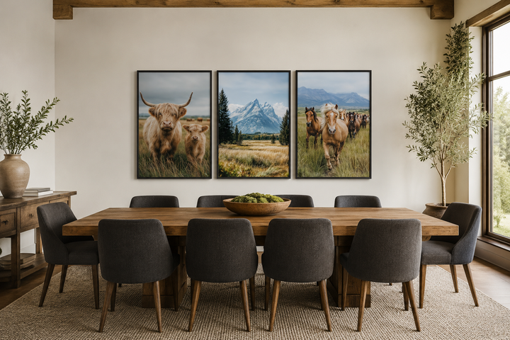 Set of 3 framed prints featuring a Highland cow, Grand Teton mountains, and galloping horses.