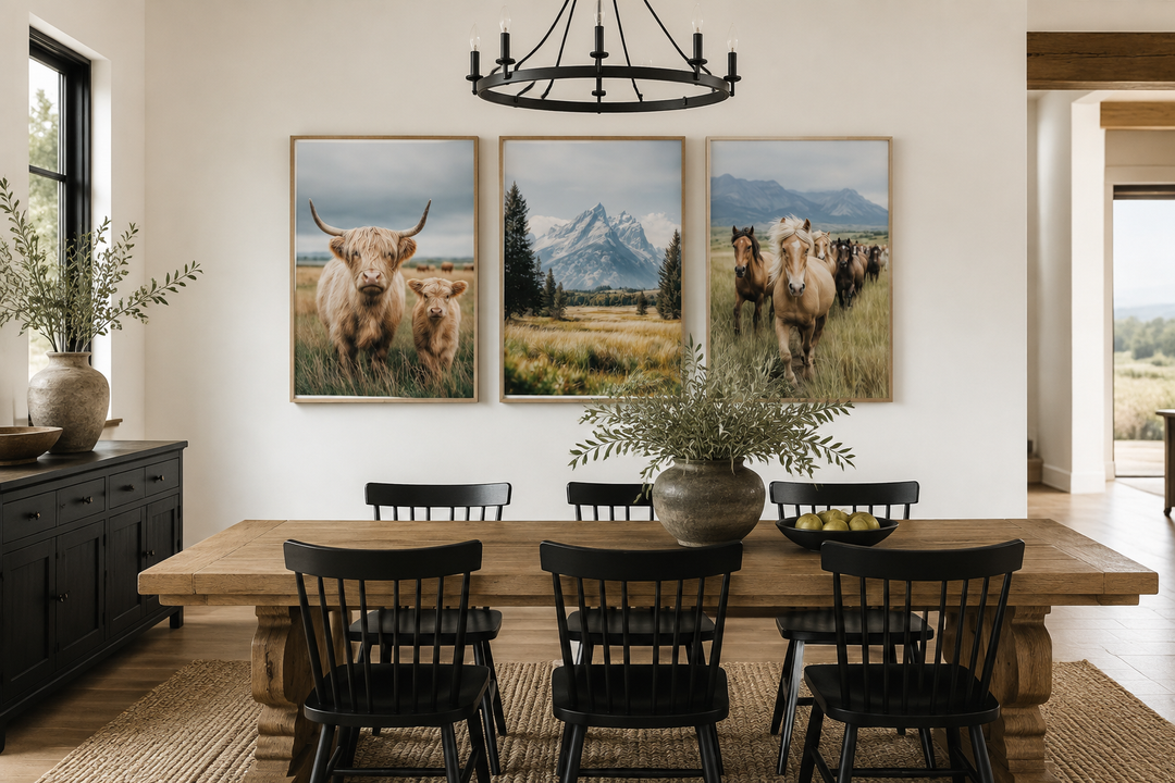 Set of three framed Western-themed prints featuring a Highland cow, mountains, and galloping horses.